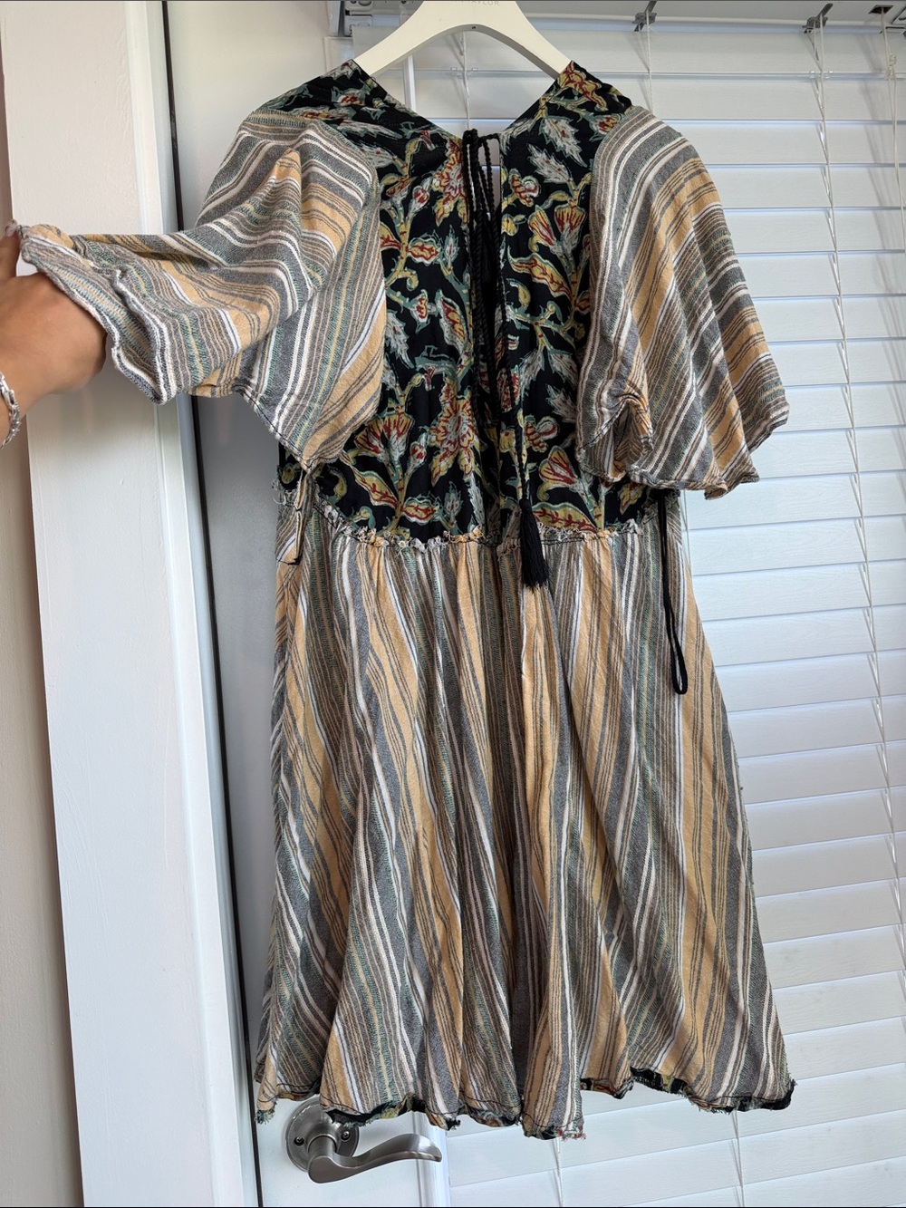 Free People Boho Stripe & Floral Short Dress in Beige and Black